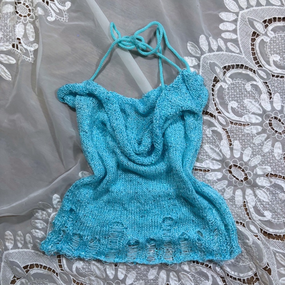 Y2K Fairy Mermaid Teal Light Blue Sequin Knit Halter Top Draped Cowl Neck